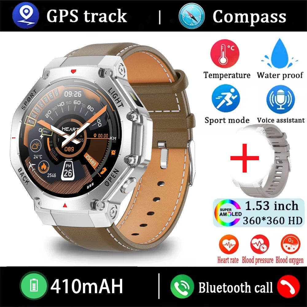 2025 New Men Sports Smart Watch GPS AMOLED Heart Rate Monitoring LED Flashlight NFC Bluetooth Call 3ATM Waterproof Smartwatches