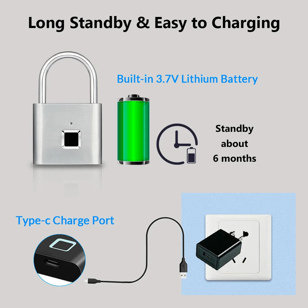SEP Smart Fingerprint Padlock Waterproof Biometric Zinc Alloy Lock with Rechargeable Battery