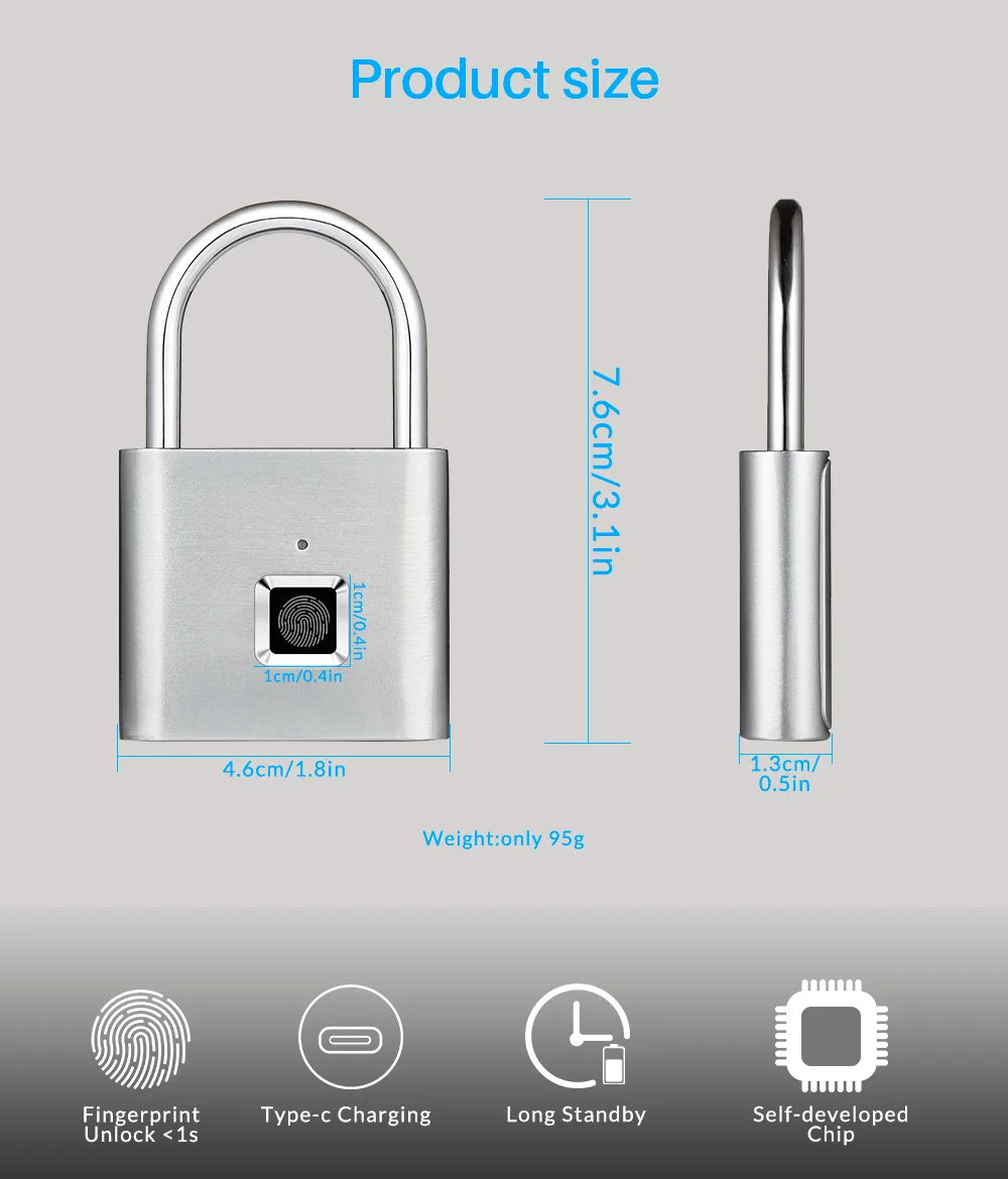 SEP Smart Fingerprint Padlock Waterproof Biometric Zinc Alloy Lock with Rechargeable Battery