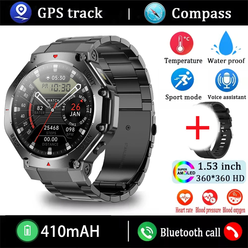 2025 New Men Sports Smart Watch GPS AMOLED Heart Rate Monitoring LED Flashlight NFC Bluetooth Call 3ATM Waterproof Smartwatches