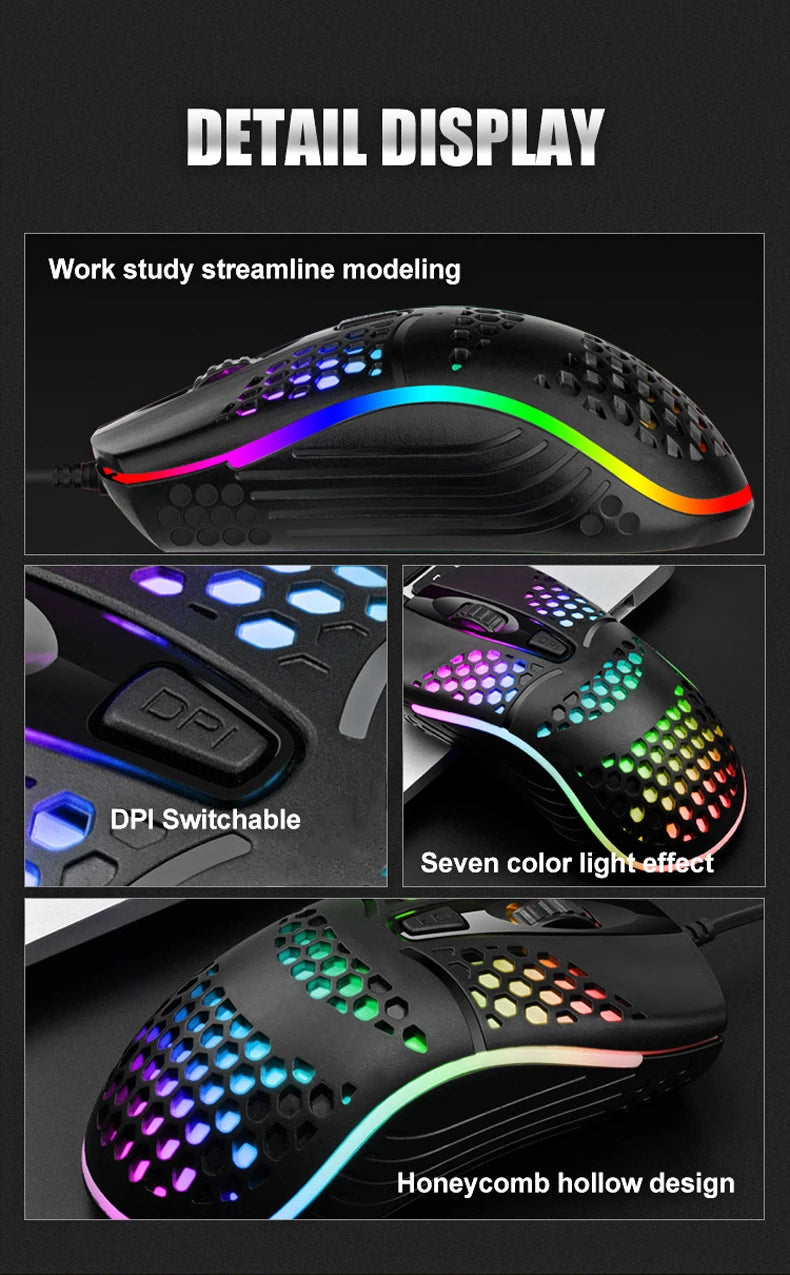 Wired Cable Gaming 7 breathing LED Back Light Optical Mouse USB Computer Hollowed out Mice Laptop Desktop 4D PC home use Office