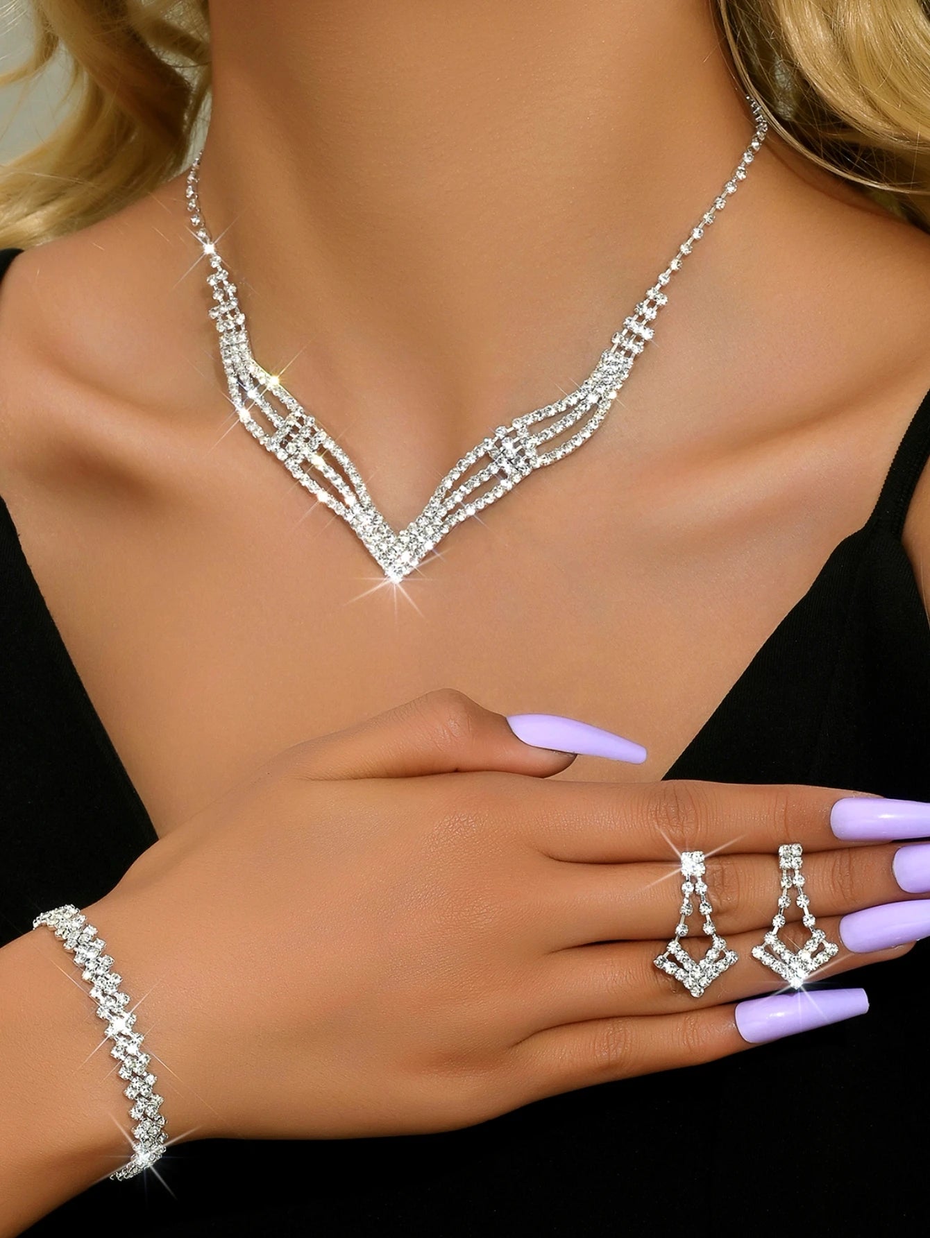 Fashionable design, elegant style with rhinestones, super sparkling temperament, light luxury style jewelry set for women