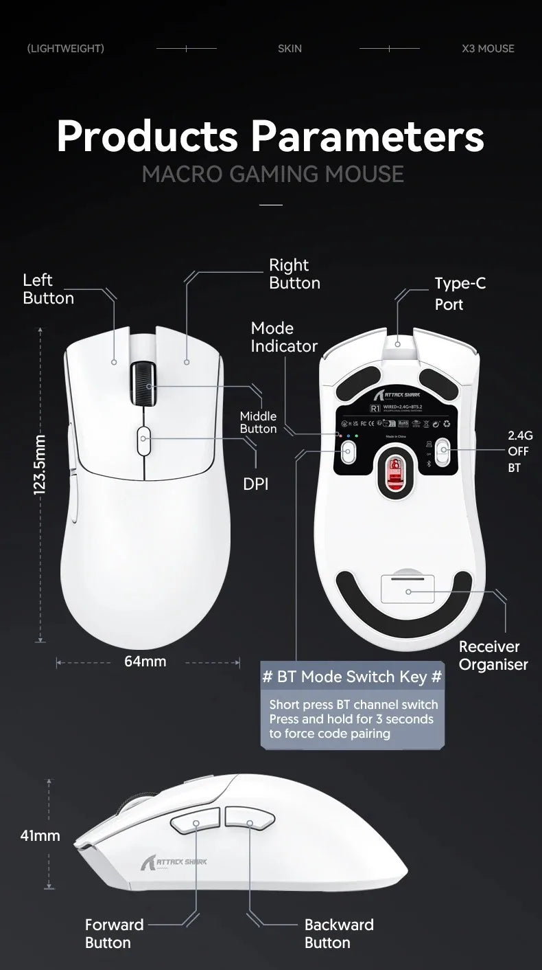 Attack Shark R1 Bluetooth Mouse and Grip Tape not Included Mouse 1000 Hz PAW3311 Sensor,Rechargeable Tri-mode,Ergonomic