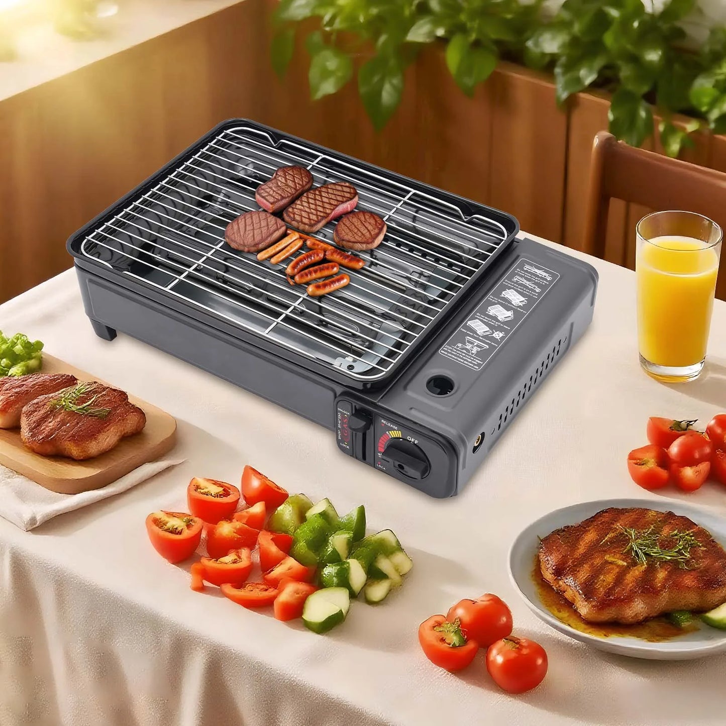 Portable Butane Grill Stove Camping Grill Gas Stove Free Standing BBQ Grill w/Grilling Net Carry Case for Camping Cooking