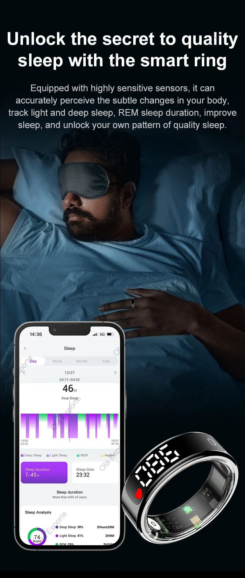 For Smart Ring Hd Screen Tiktok Control 5ATM Waterproof for  Smartring forGalaxy Women Men Ring HeartRate Monitor