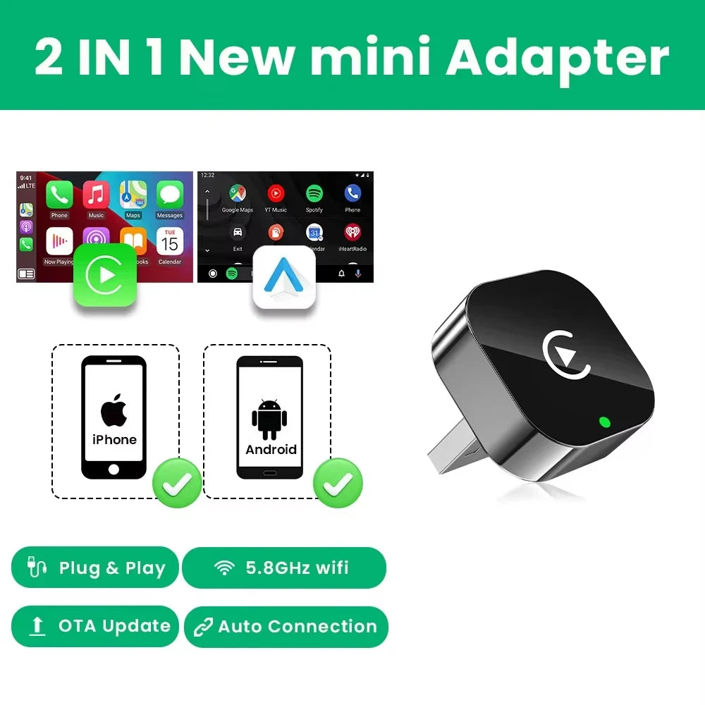 XUDA 2in1 Wireless CarPlay Adapter Android Auto AI Smart Box Car Intelligent Systems For VW Toyota Nissan Honda Ford Benz