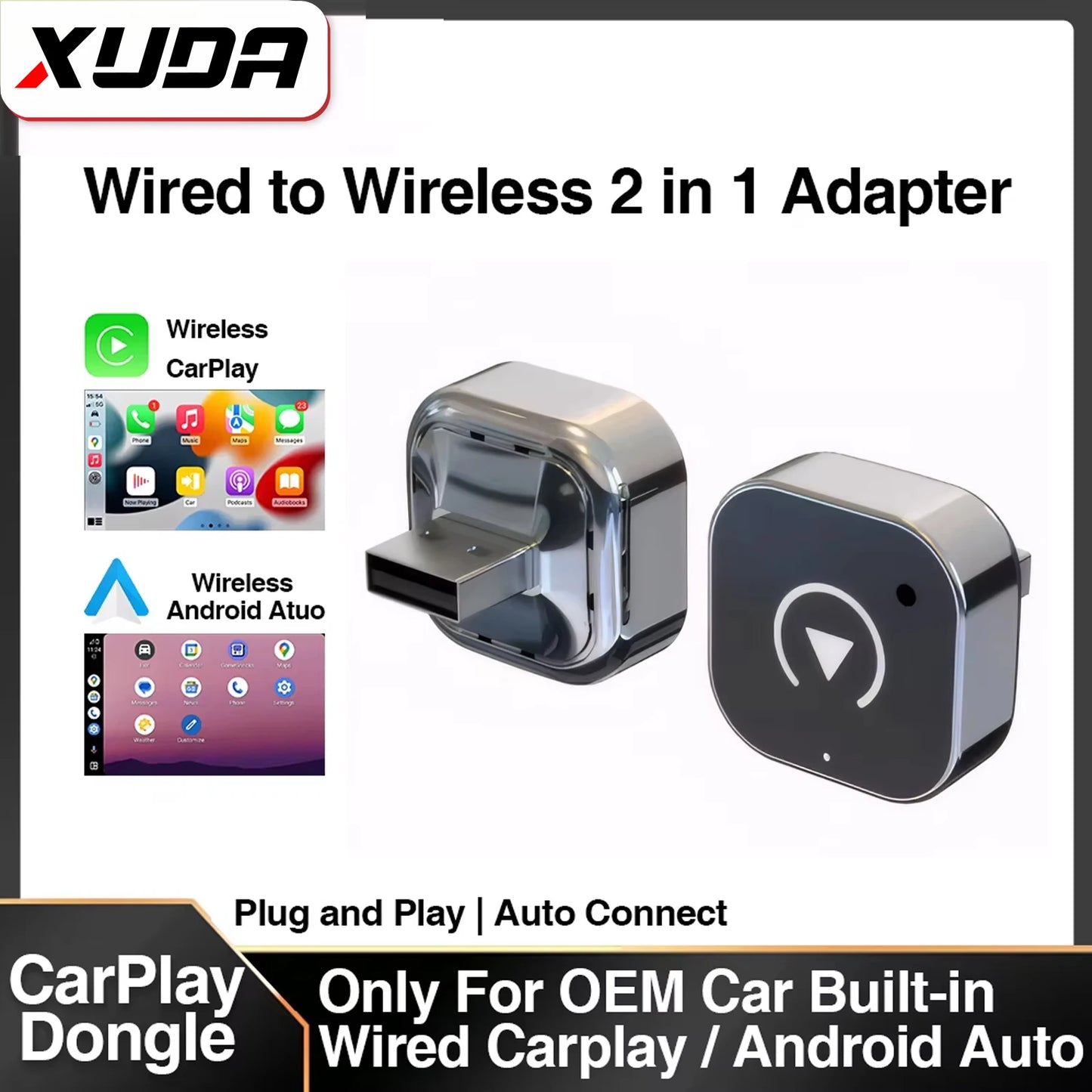 XUDA 2in1 Wireless CarPlay Adapter Android Auto AI Smart Box Car Intelligent Systems For VW Toyota Nissan Honda Ford Benz
